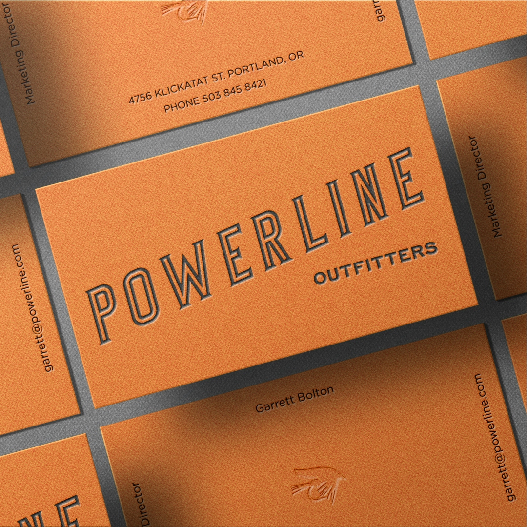 Branding work for a fly fishing brand called Powerline showcased in business cards.