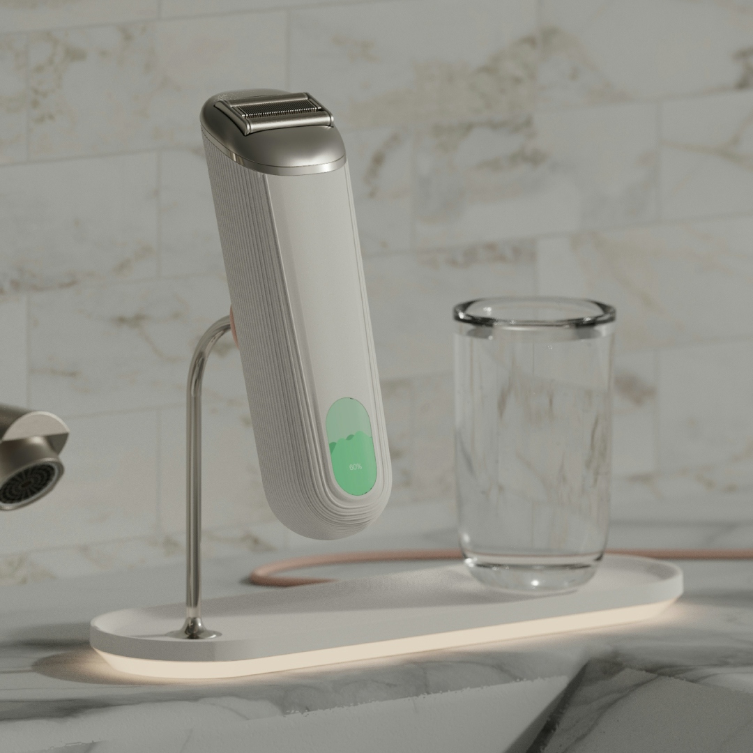 A men's electric shaver has a touchscreen on the handle that showcases the battery status.